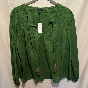 Talbots Forest Green Blouse with Tassels